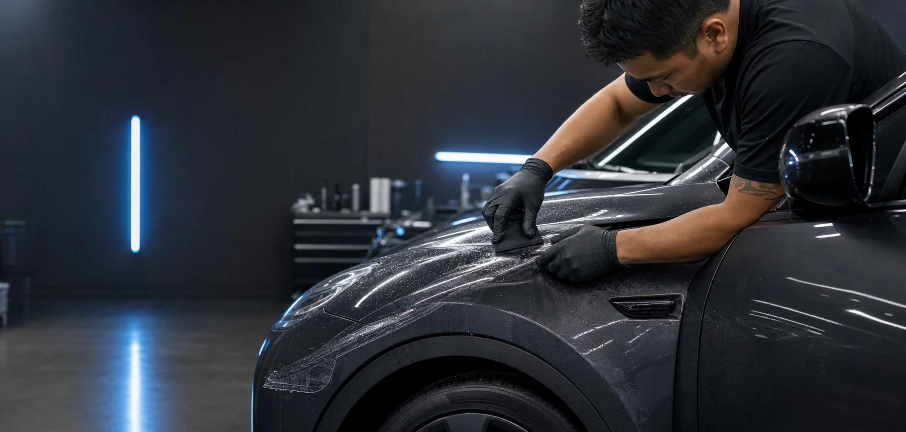 Automotive protection-film technician carefully installing film on a vehicle panel