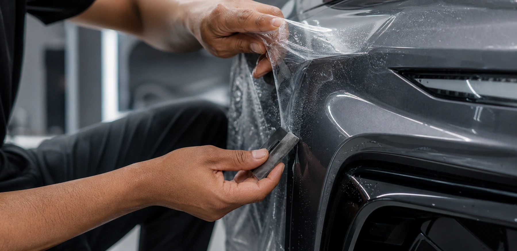 Close-up of a paint-protection-film technician performing precise work