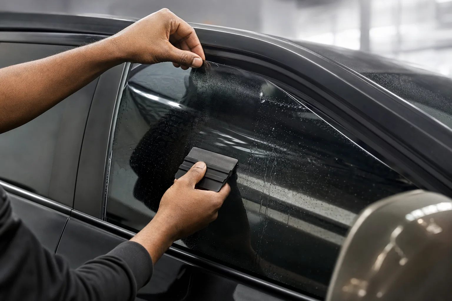 Window-film technician concentrating on a precise installation